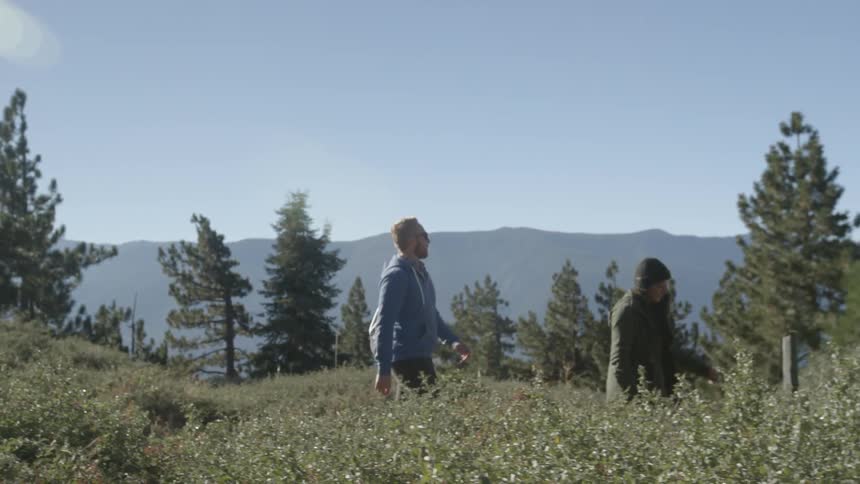 A man and woman are walking in a natural setting during the day