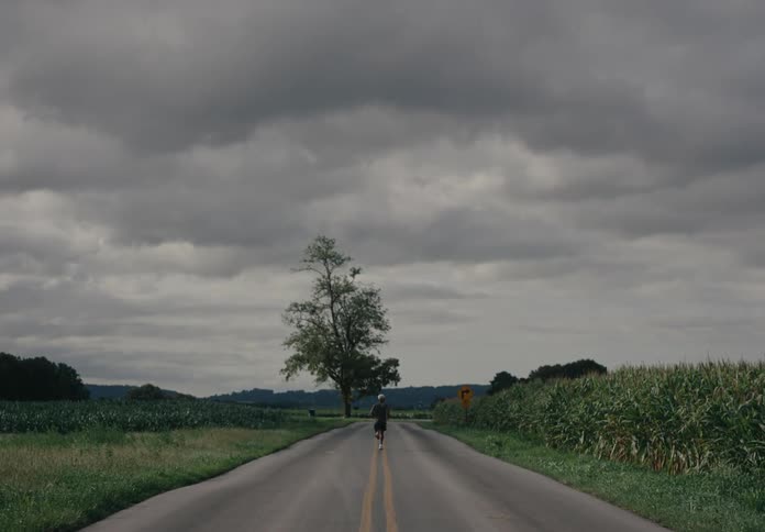 A person is jogging down a road in the middle of a grassy field