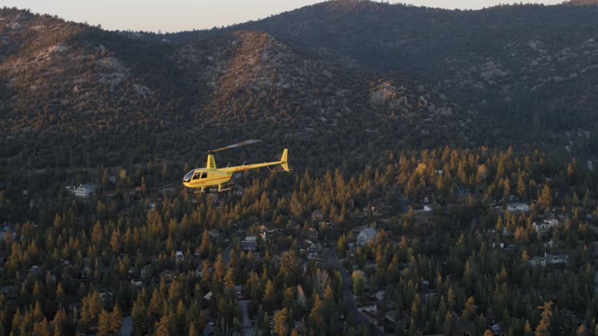 Small helicopter flying above the trees and a small village