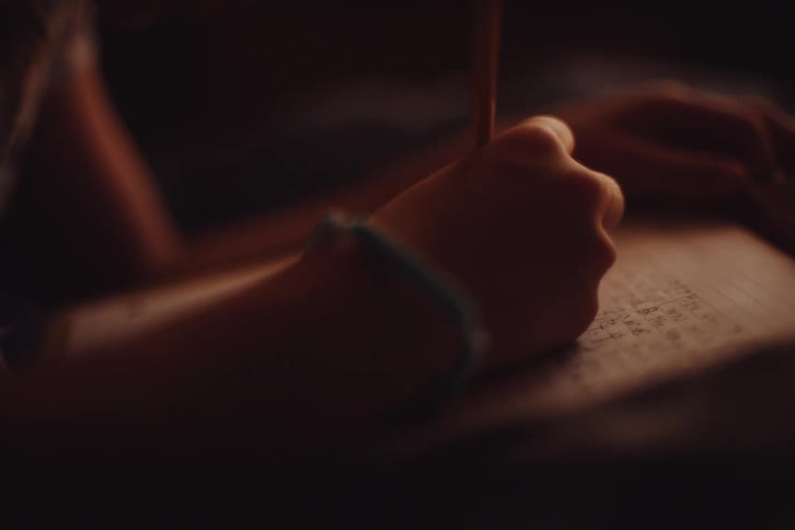 The arm of a young person using a pencil and writing in a notebook