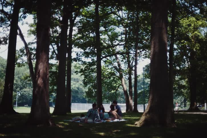 Group of friends sitting on grass in a treelined park during daytime