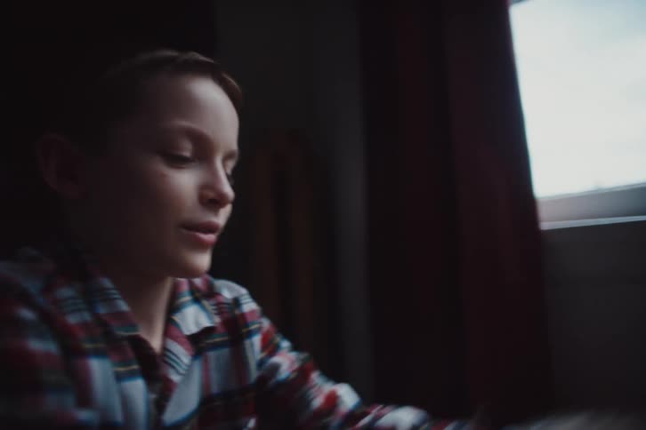Boy with a plaid shirt pets a brown dog near a window