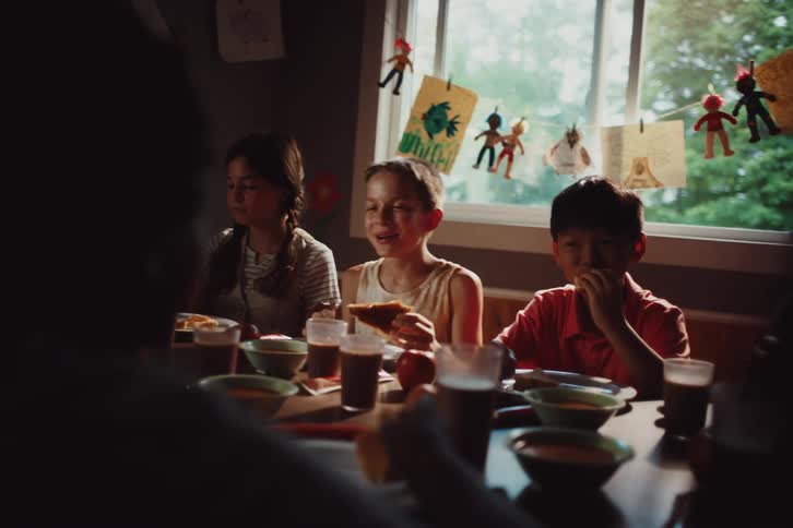 Group of friends including boys and girls sitting at a table talking and eating