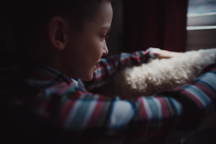 A child is petting his dog at home