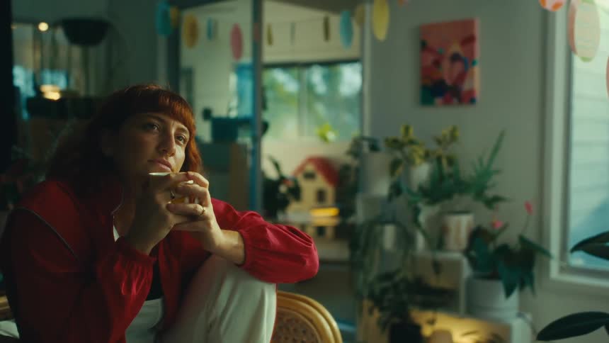 A woman is sitting and holding a mug