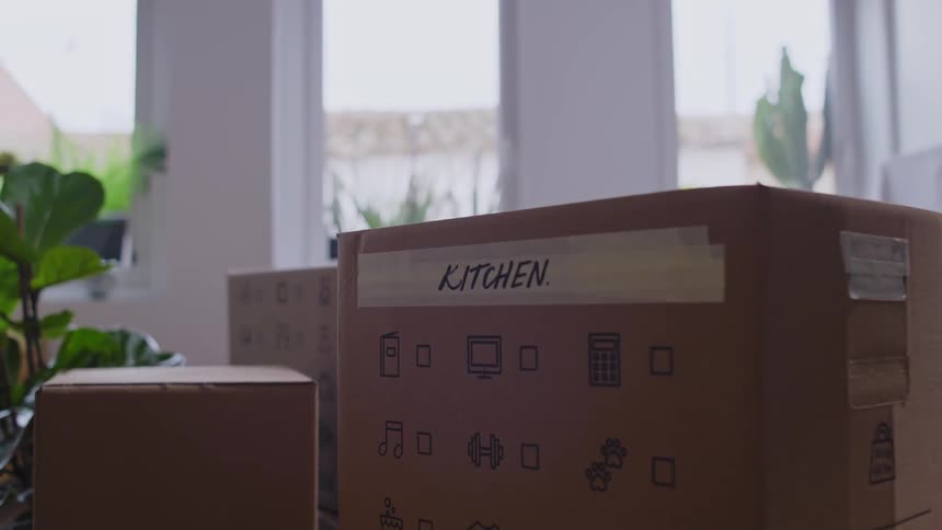 Moving boxes in a room and a woman walking by