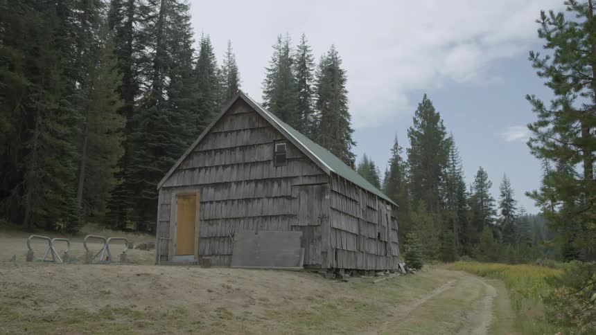 An old cabin stands vacant near a forest and a dirt road