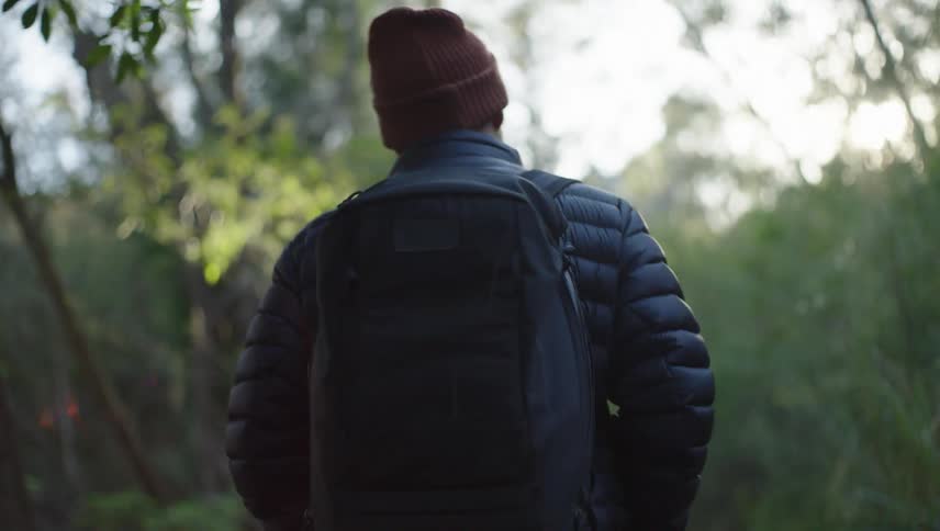 A backpacker walking through a forest past