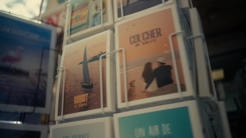 A hand turns a display rack filled with colorful postcards