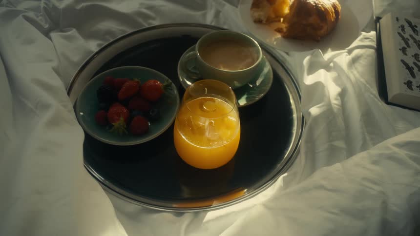 Croissant breakfast in bed with strawberries, orange juice and coffee