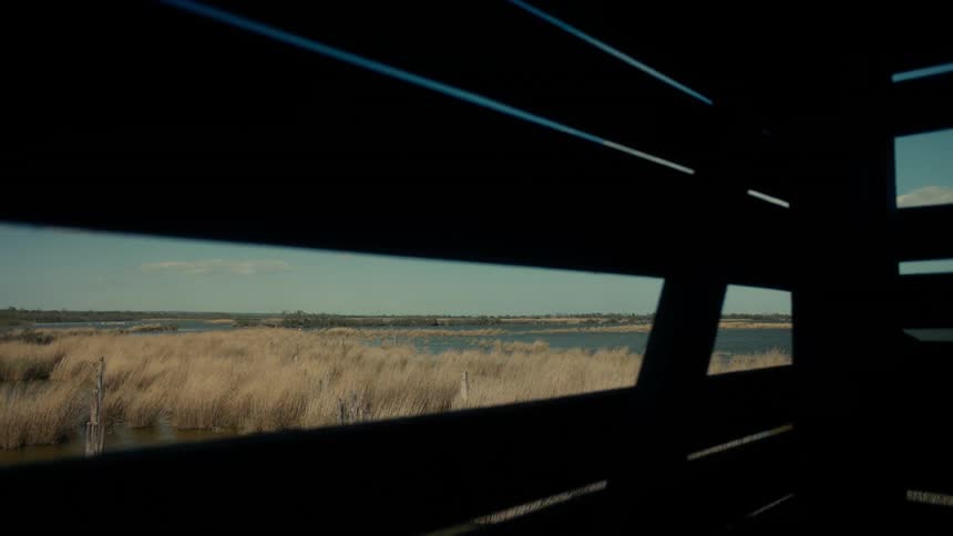 A lake area with blowing grasses near a wooden structure