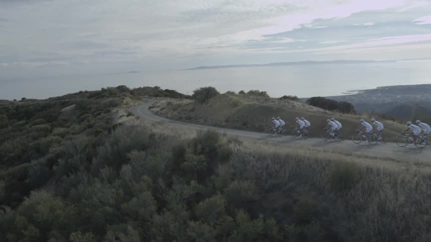 A team of bicyclists riding on a rural road during the day