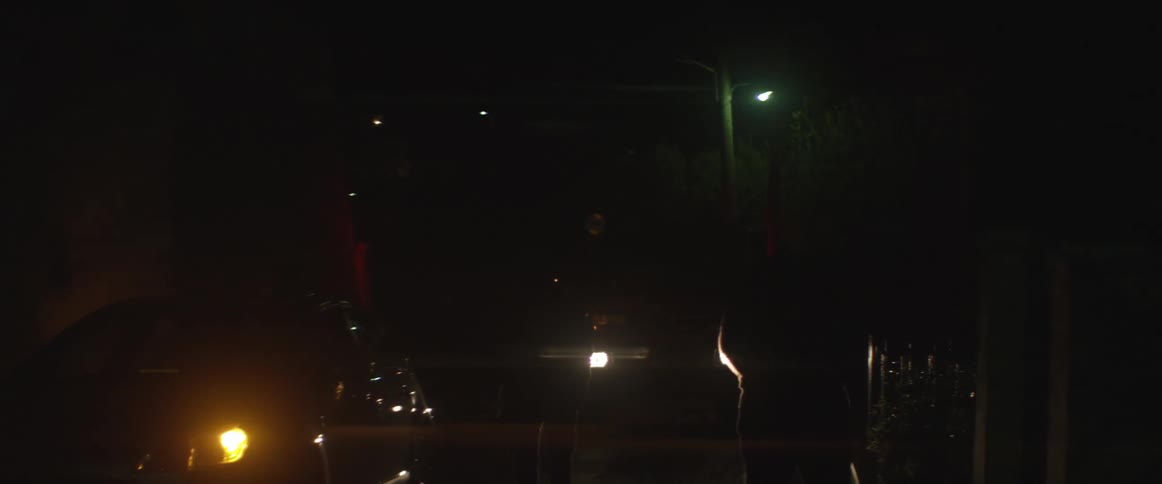 Cars with flashing lights and two men standing at night