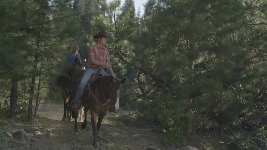 People riding horses through a wilderness trail