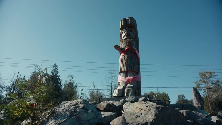 A tall weathered totem pole with a carved face and pink ribbons against a clear blue sky