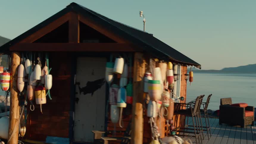 A clip of a small house by the shore