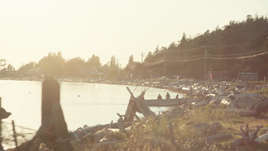 A small boat carrying four people approachs the shore of a lake