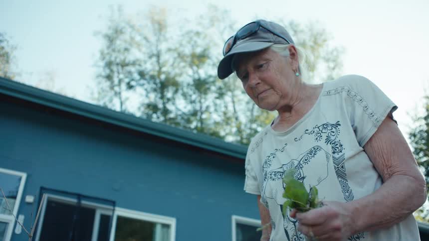 An elderly woman tending to her garden wearing blue shorts and and a white shirt surrounded by lush greenery