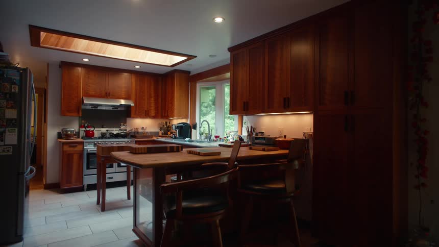 A warm and inviting kitchen with rich wood cabinets and a large central island bathed in soft natural light