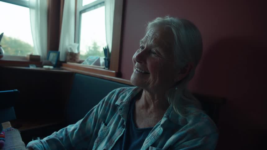 The face of a grayhaired lady who is holding a small vase of purplepetaled flowers and she is talking to someone who is in front of her
