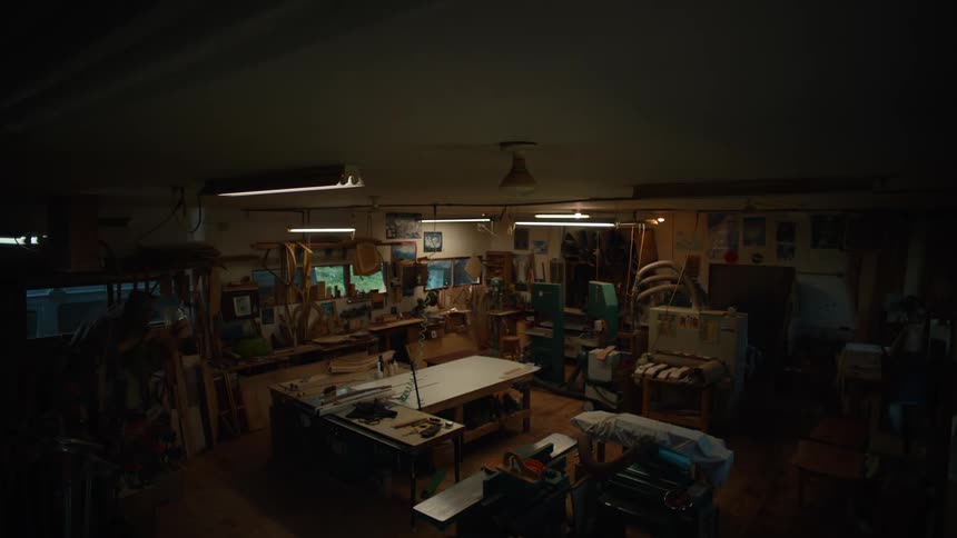 A man exits a dimly lit workshop leaving behind a space filled with sawdust and tools