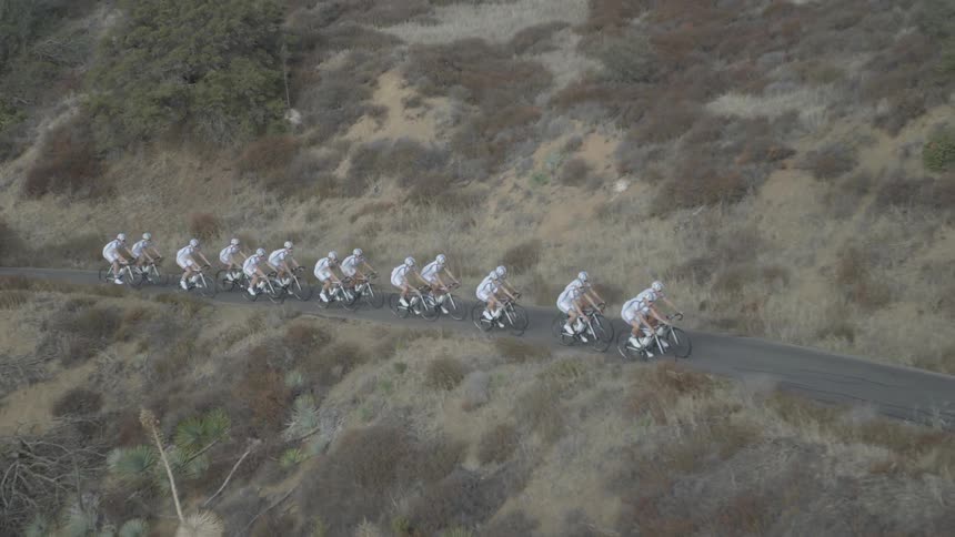 A team of bicyclists riding on a mountain road