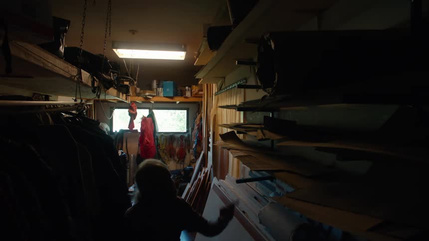 An employee walks into a room to grab items needed for work