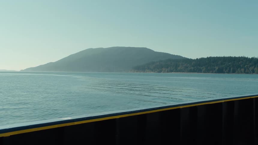A tranquil view of a body of water with a low mountain and forested shoreline in the distance