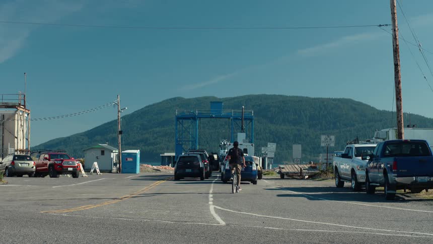 A boy rides a bicycle onto a road with cars as a bird flies overhead