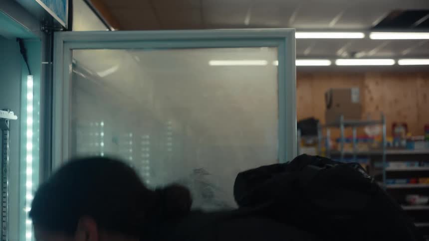 Side portrait of a man reaching for an object inside a store cooler