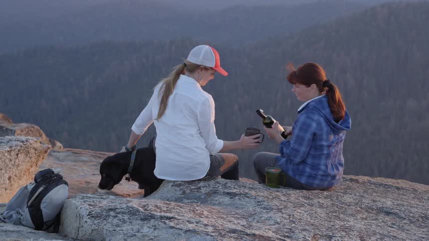 A woman is pouring a glass of wine for another woman holding a dog