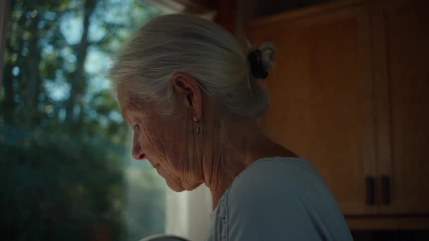 Older woman peeling garlic while drinking coffee in her kitchen
