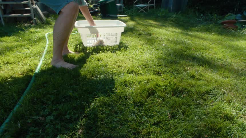 Person in a grassy garden picking up laundry in a basket next to it