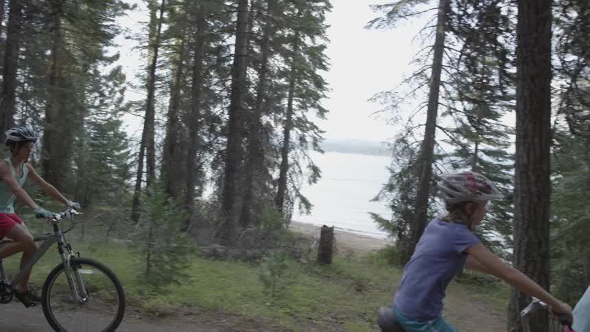 A family rides bicycles in a lakeside forest during the day,