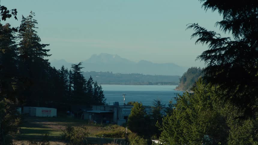 The lake sits by a forest and a mountain
