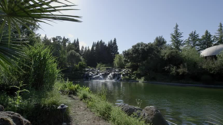 A path leads through a garden to a waterfall under a bright sun