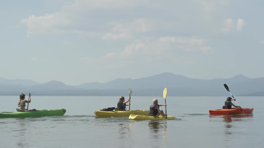 Four people paddling kayaks on open water