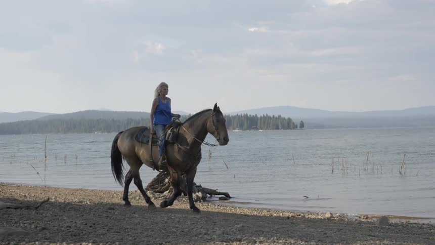 A woman rides a horse along a rocky beach