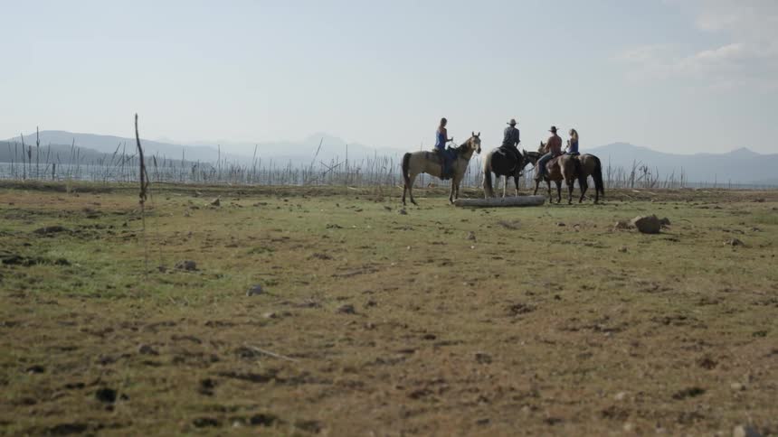 A couple of people riding on horses in a field