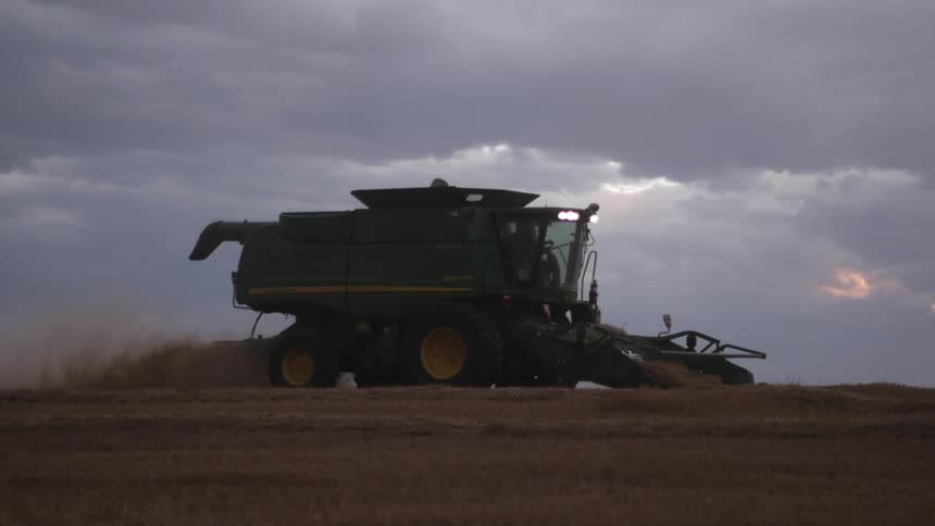 Large agricultural machine drives across a field harvesting a crop under an overcast sky