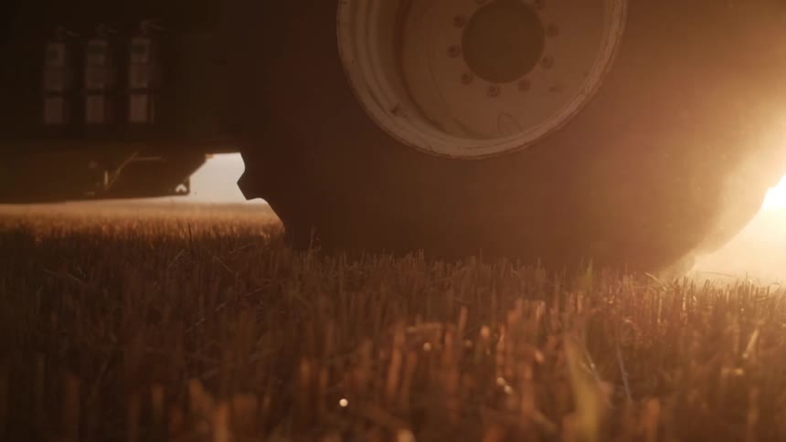 The big tires of a truck passing through beige grass field on a sunny morning