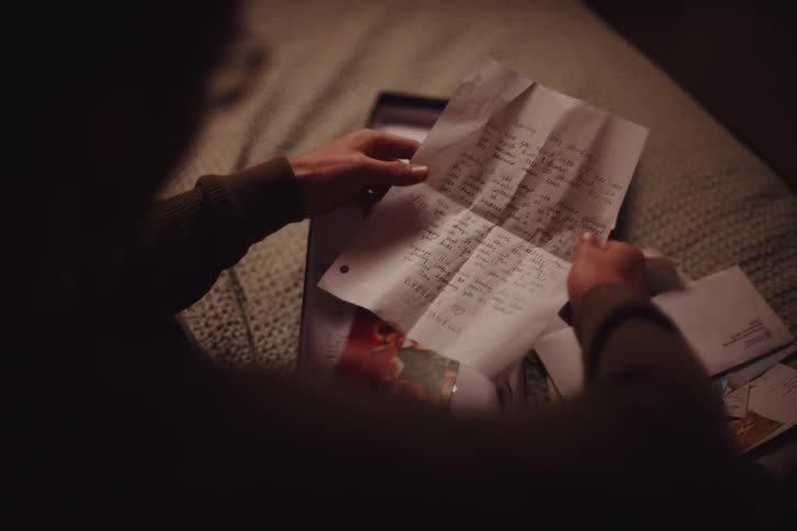 Man sitting on his bed looks through memorabilia including photos and a hand written letter