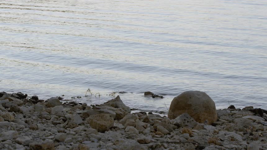 Water ripples and flows towards a rocky shore