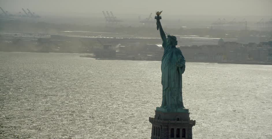Aerial view of the statue of liberty on a cloudy day