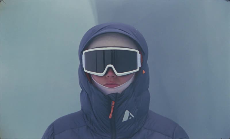 A person wearing large goggles and a hooded coat turns their head to stare