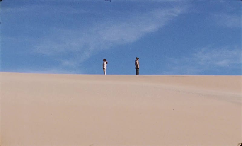 Two people standing back to back on a desert dune