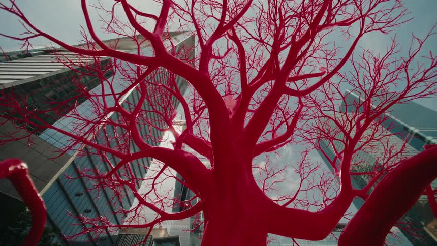 A clip of a red tree beside the tall buildings in the city