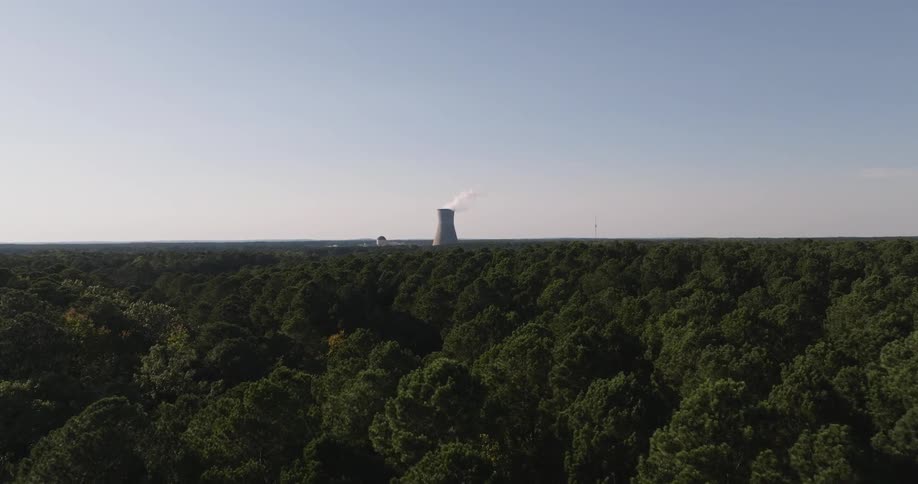 Aerial of a cooling tower in a nuclear power plant