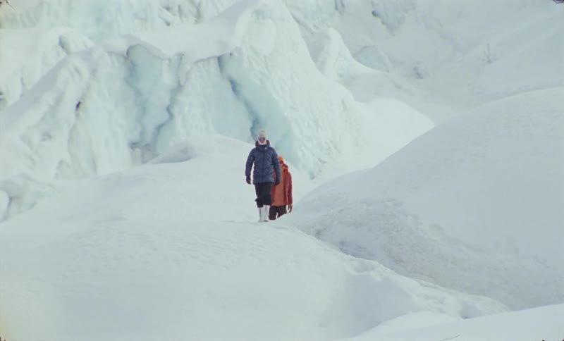 Two people in warm clothes are walking in an area that is completely white due to snow