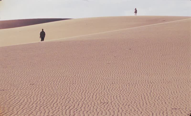 Two people walking on a desert dune